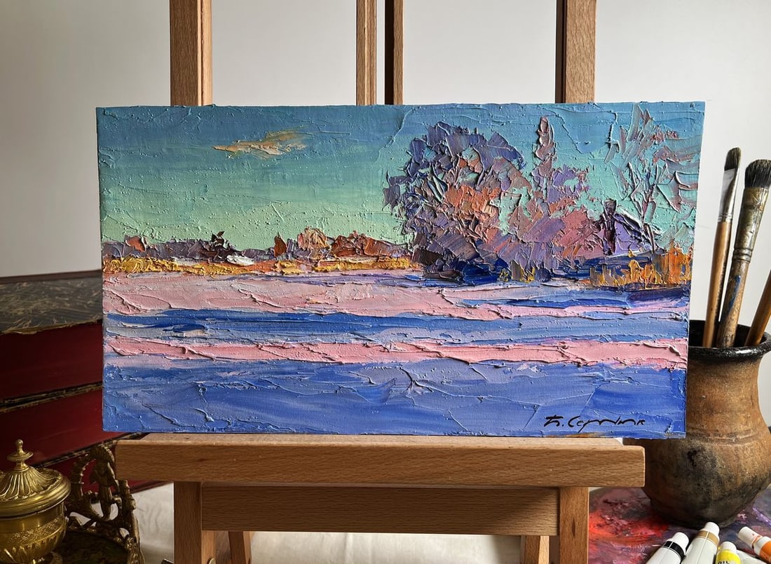Oil painting Pink morning in winter Boris Serdyuk: Title: Oil painting Pink morning in winter Boris Serdyuk Description: NoAAA3703Pink Morning in Winter" is an expressive oil painting on cardboard that beautifully captures the delicate interplay of li