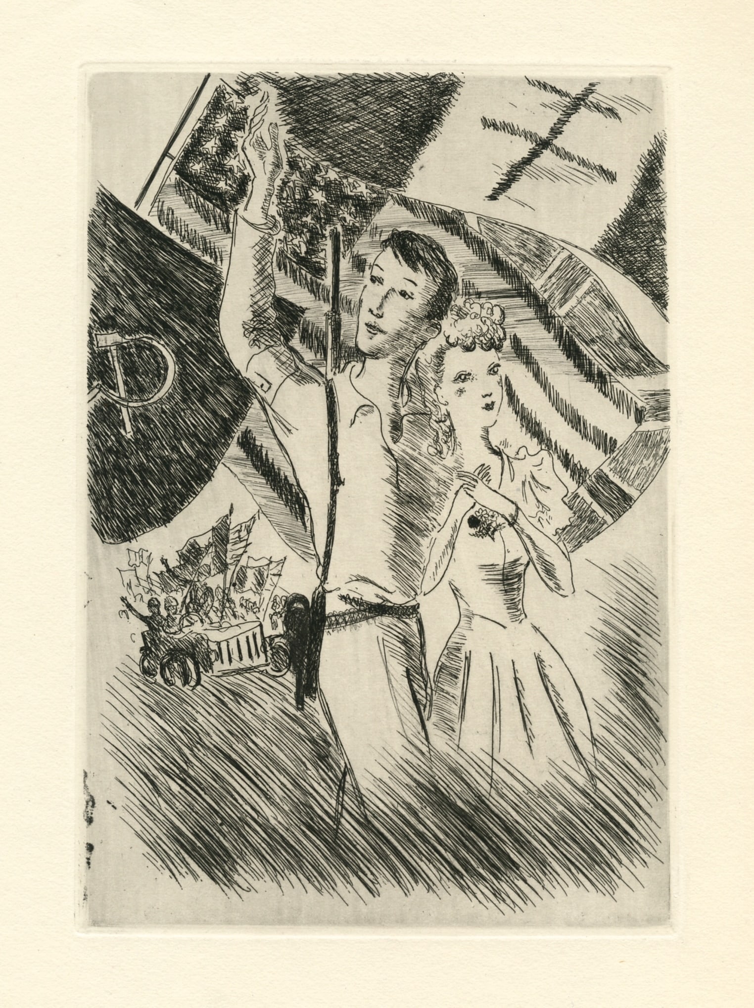 Andre Dignimont original etching: Title: Andre Dignimont original etching Description: Medium: original etching. Printed in 1945 and published in edition of 1000 on Velin de Lana cream wove paper for the "Jours de gloire" portfolio.