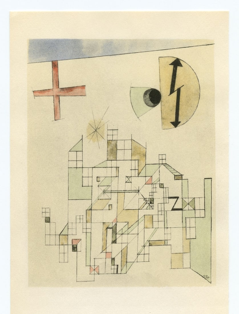 Paul Klee pochoir "Haus der Firma Z": Title: Paul Klee pochoir "Haus der Firma Z" Description: Medium: pochoir (after the 1922 watercolor). Printed in Paris by Daniel Jacomet and published in 1961 by Heinz Berggruen. The image measures 5