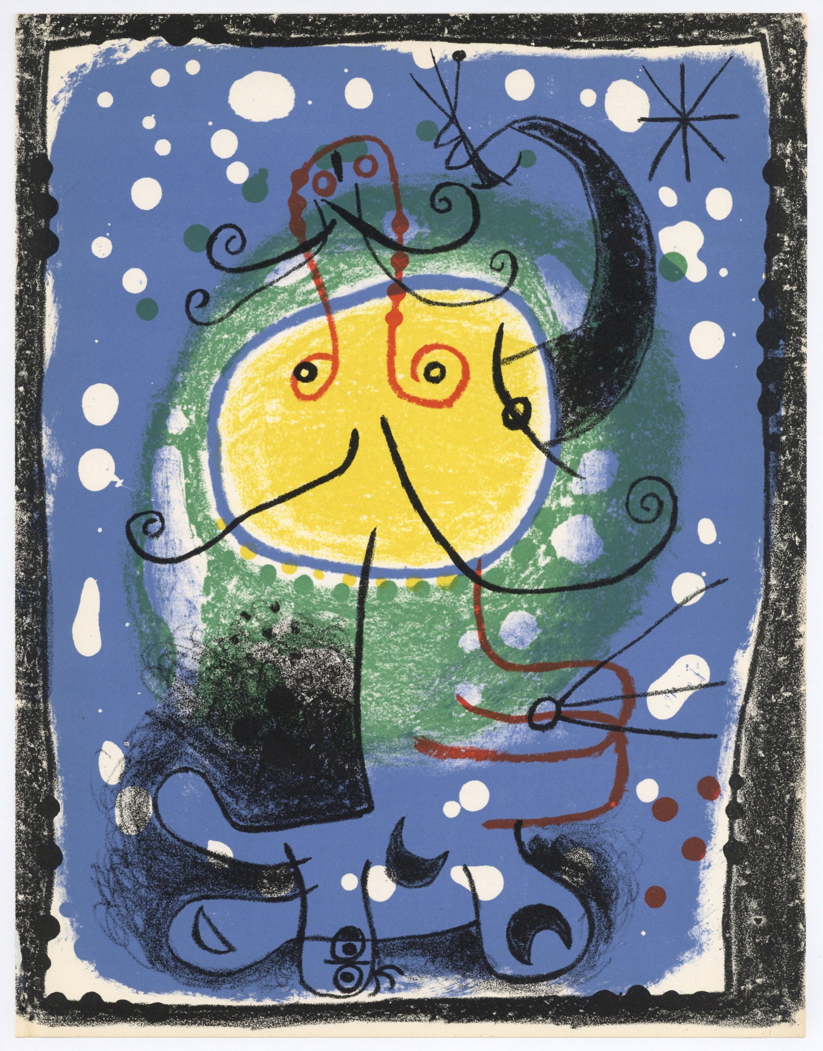 Joan Miro original lithograph "Figure on a blue background": Title: Joan Miro original lithograph "Figure on a blue background" Description: Medium: original lithograph. Catalogue reference: Mourlot 244. This charming Miro lithograph was printed by Mourlot for