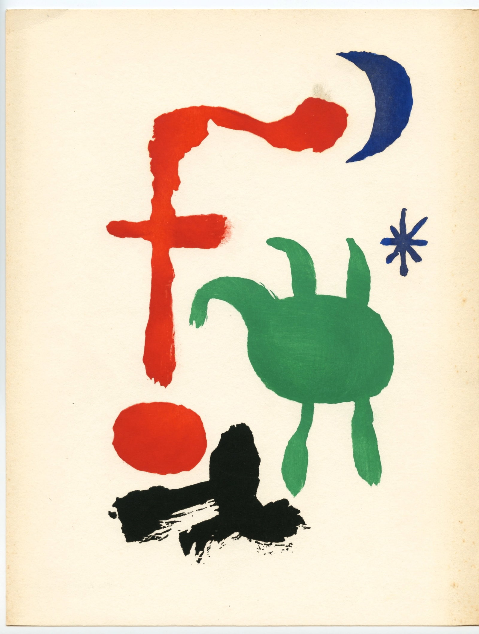 Joan Miro original pochoir "Femme et Oiseaux dans la Nuit" 1947: Title: Joan Miro original pochoir "Femme et Oiseaux dans la Nuit" 1947 Description: Medium: original pochoir stencil print in four colors. Catalogue reference: Dupin 50. Printed in 1947 in an edition