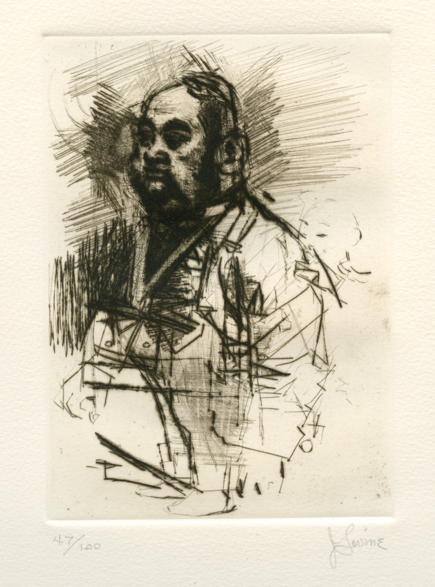 Jack Levine signed original etching "Hong Kong Tailor": Title: Jack Levine signed original etching "Hong Kong Tailor" Description: Medium: original etching with drypoint. Signed in pencil and numbered 47/100. Catalogue reference: Prescott 59. This etching 