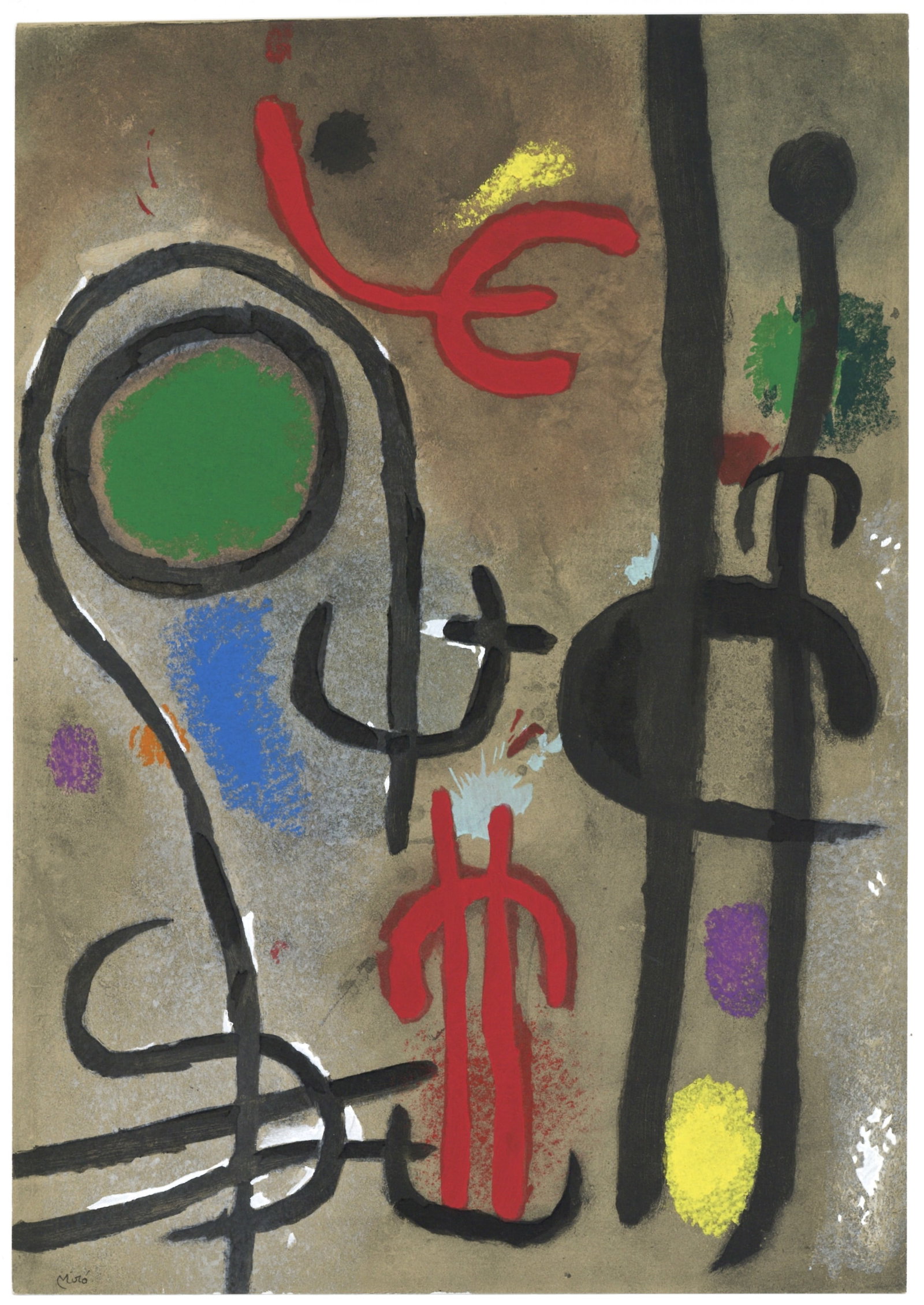 Joan Miro "Femme et oiseau dans la nuit" pochoir 1965 | Cartones: Title: Joan Miro "Femme et oiseau dans la nuit" pochoir 1965 | Cartones Description: Medium: pochoir (after the oil on paper). Printed in 1965 at the atelier Daniel Jacomet in an edition of 1200 for