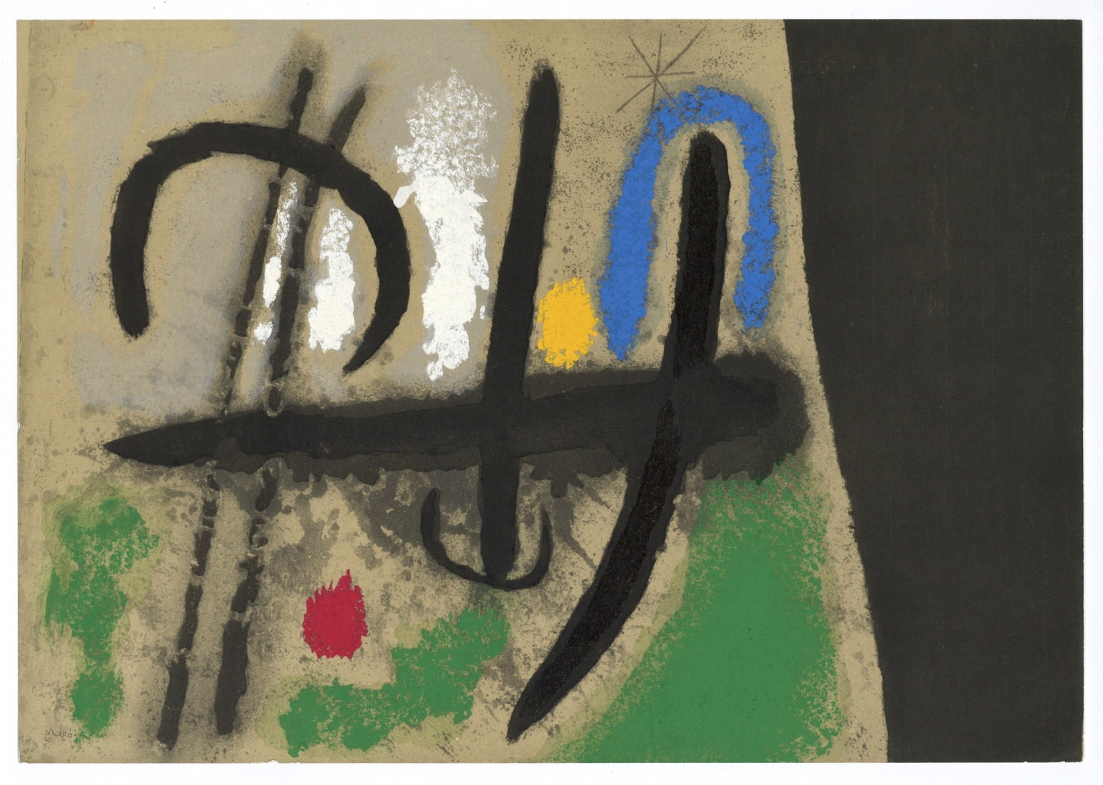 Joan Miro "Oiseaux dans un paysage" pochoir 1965 | Cartones: Title: Joan Miro "Oiseaux dans un paysage" pochoir 1965 | Cartones Description: Medium: pochoir (after the oil on paper). Printed in 1965 at the atelier Daniel Jacomet in an edition of 1200 for the