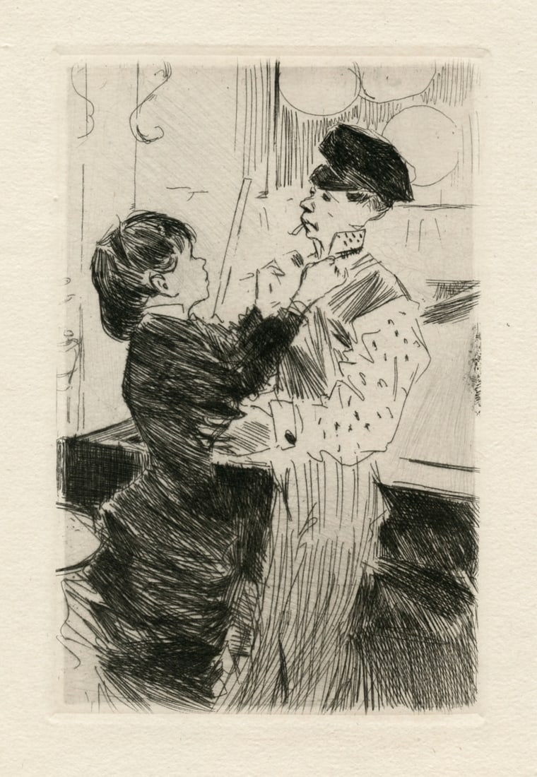 Jean-Louis Forain original etching "Le noeud de cravate": Title: Jean-Louis Forain original etching "Le noeud de cravate" Description: Medium: original etching. Executed by Forain for J. K. Huysmans "Croquis Parisiens" and published in Paris in 1880 by