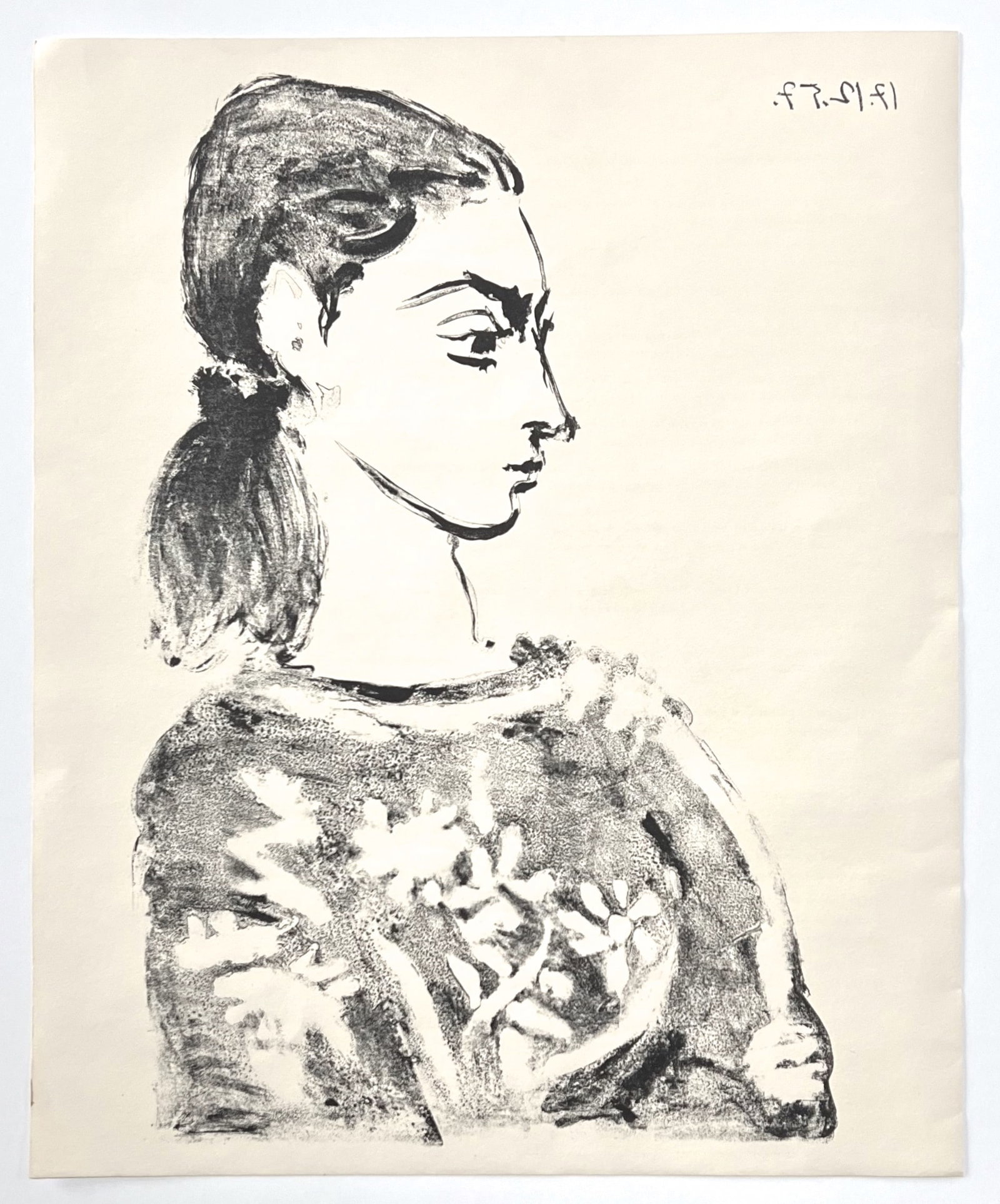 Pablo Picasso lithograph "Woman with Flowered Bodice": Title: Pablo Picasso lithograph "Woman with Flowered Bodice" Description: Medium: lithograph (after Picasso). Printed in 1959 by Young & Klein of Cincinnati and published by the Cincinnati Art Museum