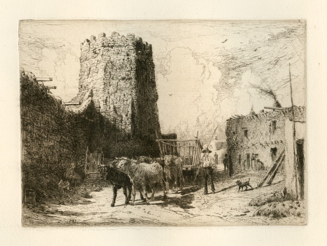 Peter Moran "Church of San Miguel, Santa Fe, New Mexico" original etching: Title: Peter Moran "Church of San Miguel, Santa Fe, New Mexico" original etching Description: Medium: original etching. This impression on wove paper was printed in 1885 for the Sylvester R. Koehler