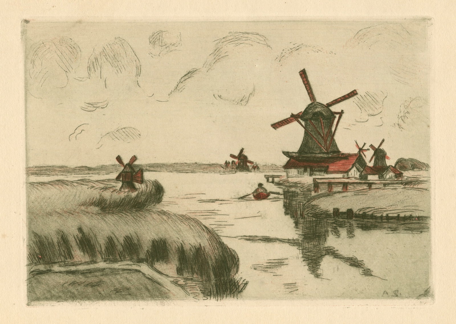 Armand Guillaumin original etching "Vue prise de Saardam" (Zaandam): Title: Armand Guillaumin original etching "Vue prise de Saardam" (Zaandam) Description: Medium: original color etching. Catalogue reference: Kraemer 23. Executed in 1906, this impression on cream