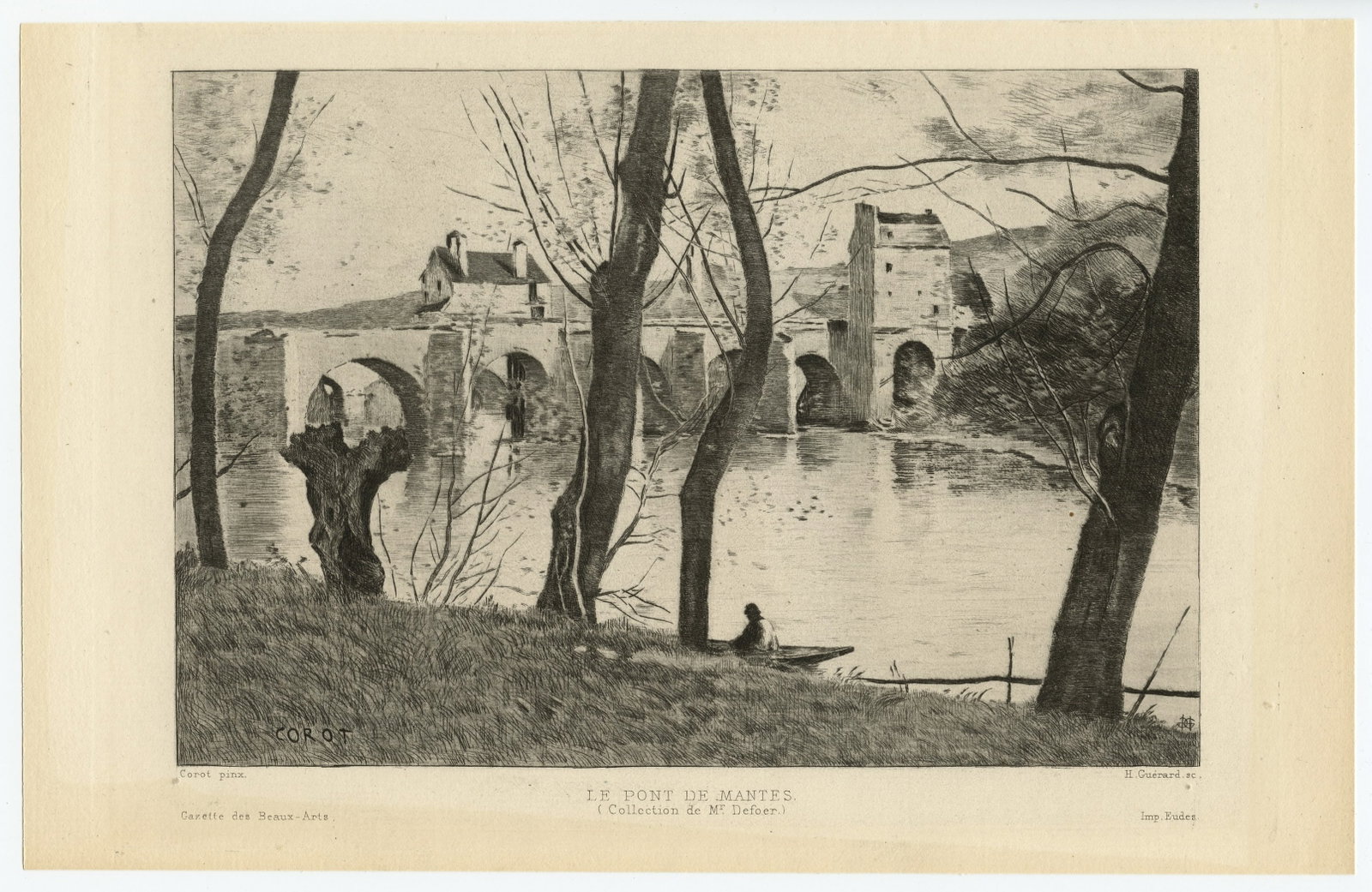 Jean-Baptiste Corot etching "Le Pont de Mantes": Title: Jean-Baptiste Corot etching "Le Pont de Mantes" Description: Medium: etching. Etched by Henri Guerard after Corot. Printed in 1880 on laid paper by Eudes and published in Paris by the Gazette