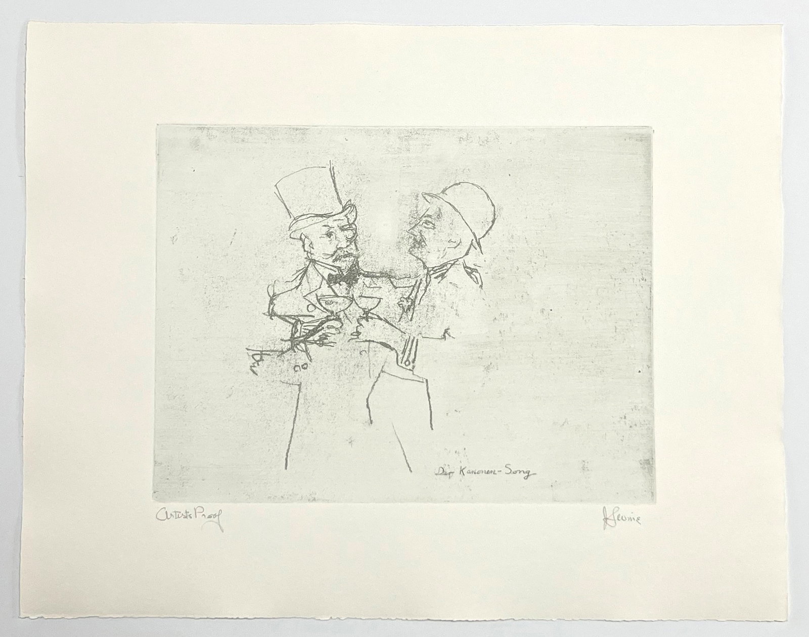 Jack Levine signed original etching "Der Kanonen Song": Title: Jack Levine signed original etching "Der Kanonen Song" Description: Medium: original soft ground etching. Signed in pencil and annotated "Artist's Proof". Printed in 1967 for the Dreigroschen