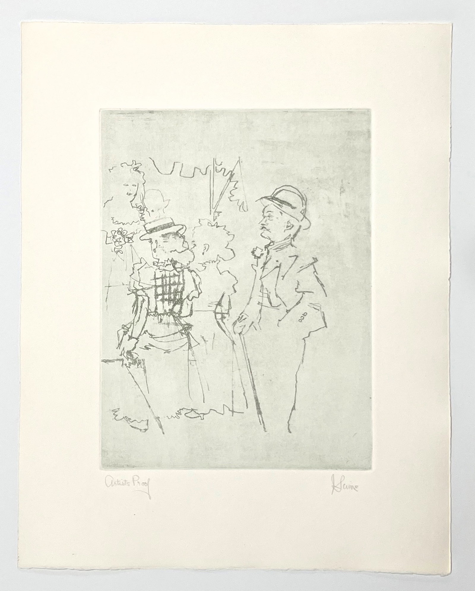 Jack Levine signed original etching "Mack sees Polly Peachum": Title: Jack Levine signed original etching "Mack sees Polly Peachum" Description: Medium: original soft ground etching. Signed in pencil and annotated "Artist's Proof". Printed in 1967 for the Dreigro
