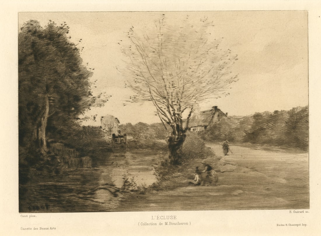 Jean-Baptiste Corot etching "L'ecluse": Title: Jean-Baptiste Corot etching "L'ecluse" Description: Medium: etching. Catalogue reference: Sanchez and Seydoux 1892-13. Etched by Henri Guerard after Corot. Printed in 1892 on wove paper by
