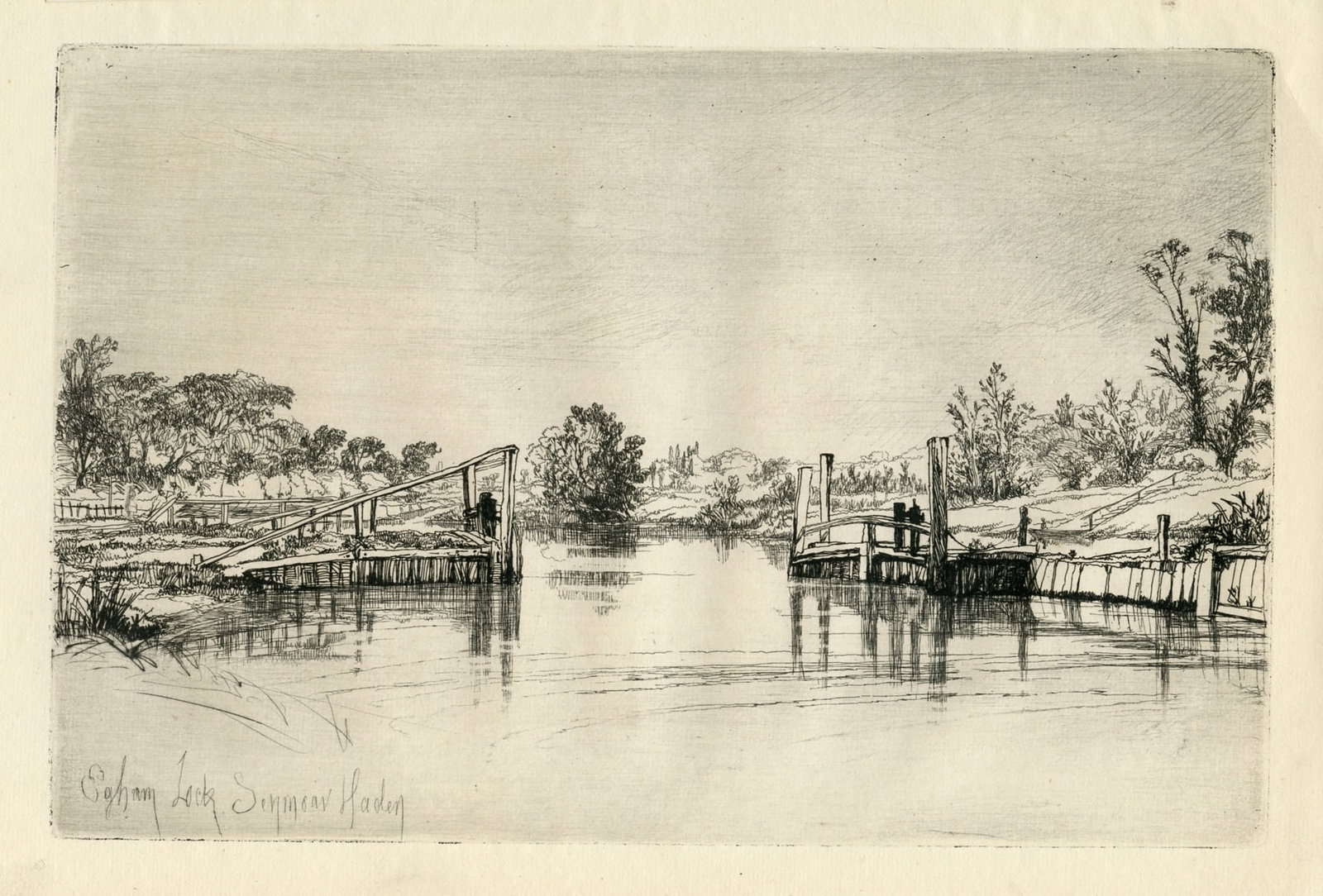 Seymour Haden original etching "Egham Lock": Title: Seymour Haden original etching "Egham Lock" Description: Medium: original etching. Catalogue reference: Schneiderman 21. Executed in 1859; this very nice impression on thin laid paper is from