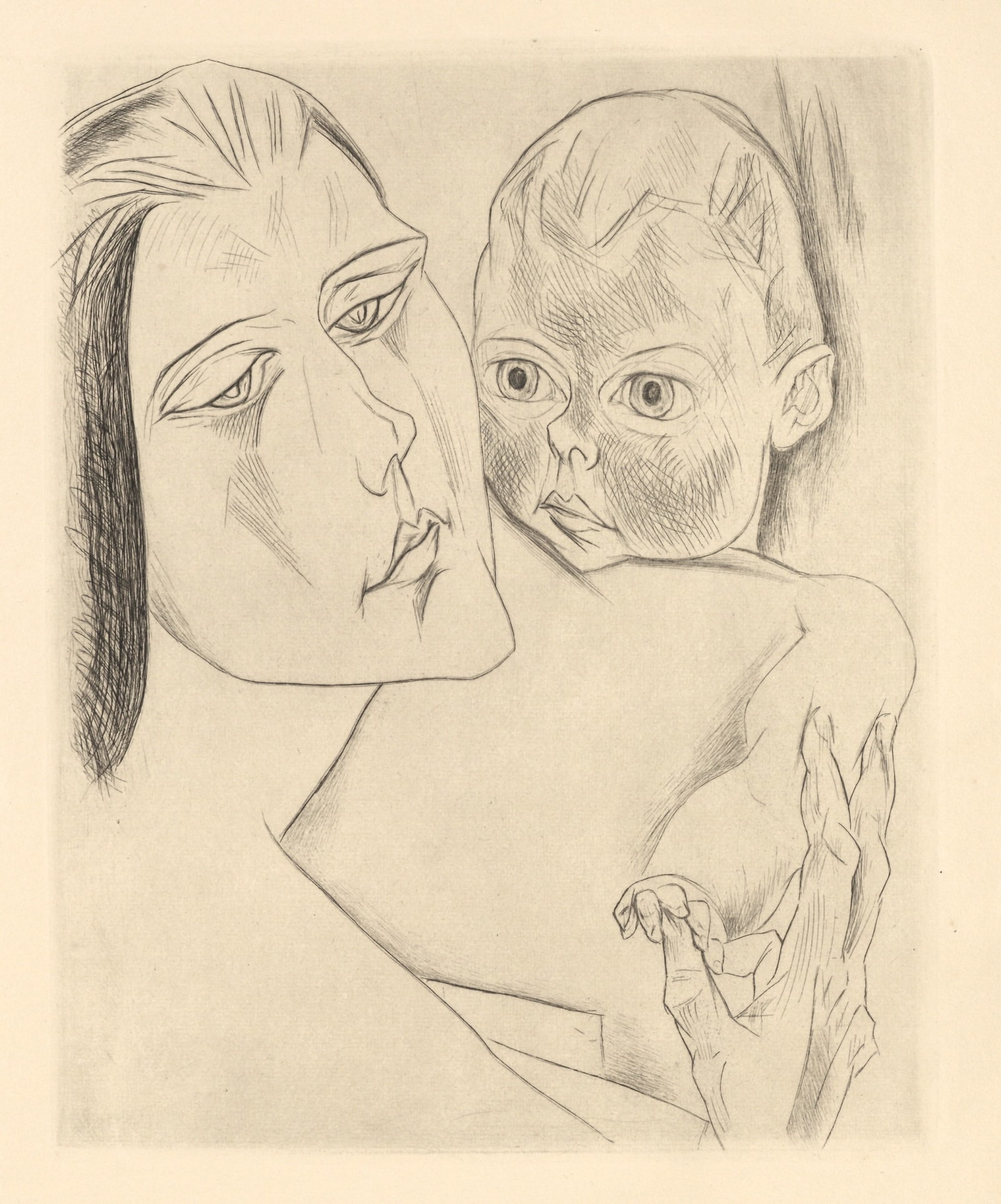 Heinrich Nauen "Mutter und Kind" original etching: Title: Heinrich Nauen "Mutter und Kind" original etching Description: Medium: original etching. Printed on laid paper in 1919 for Genius. Plate size: 9 1/2 x 7 1/2 inches (240 x 190mm). This etching