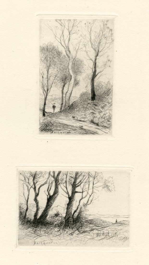 Henri Harpignies two original drypoints "Paysages": Title: Henri Harpignies two original drypoints "Paysages" Description: Medium: original etching and drypoint. This pair of drypoints was printed in Paris in 1917 and published by Gazette des Beaux