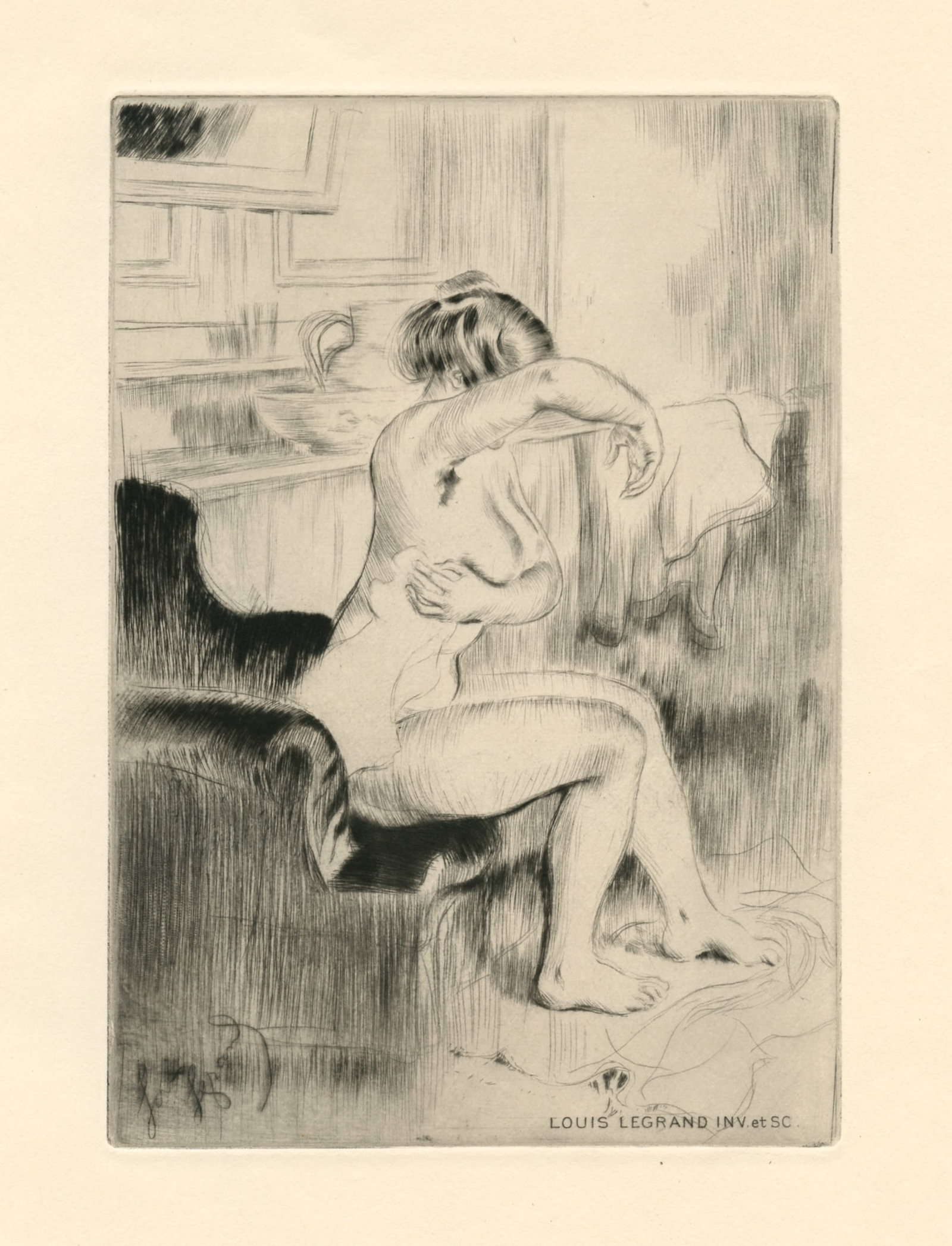 Louis Legrand original etching "La Toilette": Title: Louis Legrand original etching "La Toilette" Description: Medium: original etching and drypoint. This impression on wove paper was printed in 1908 and published in Paris by the Revue de l'Art