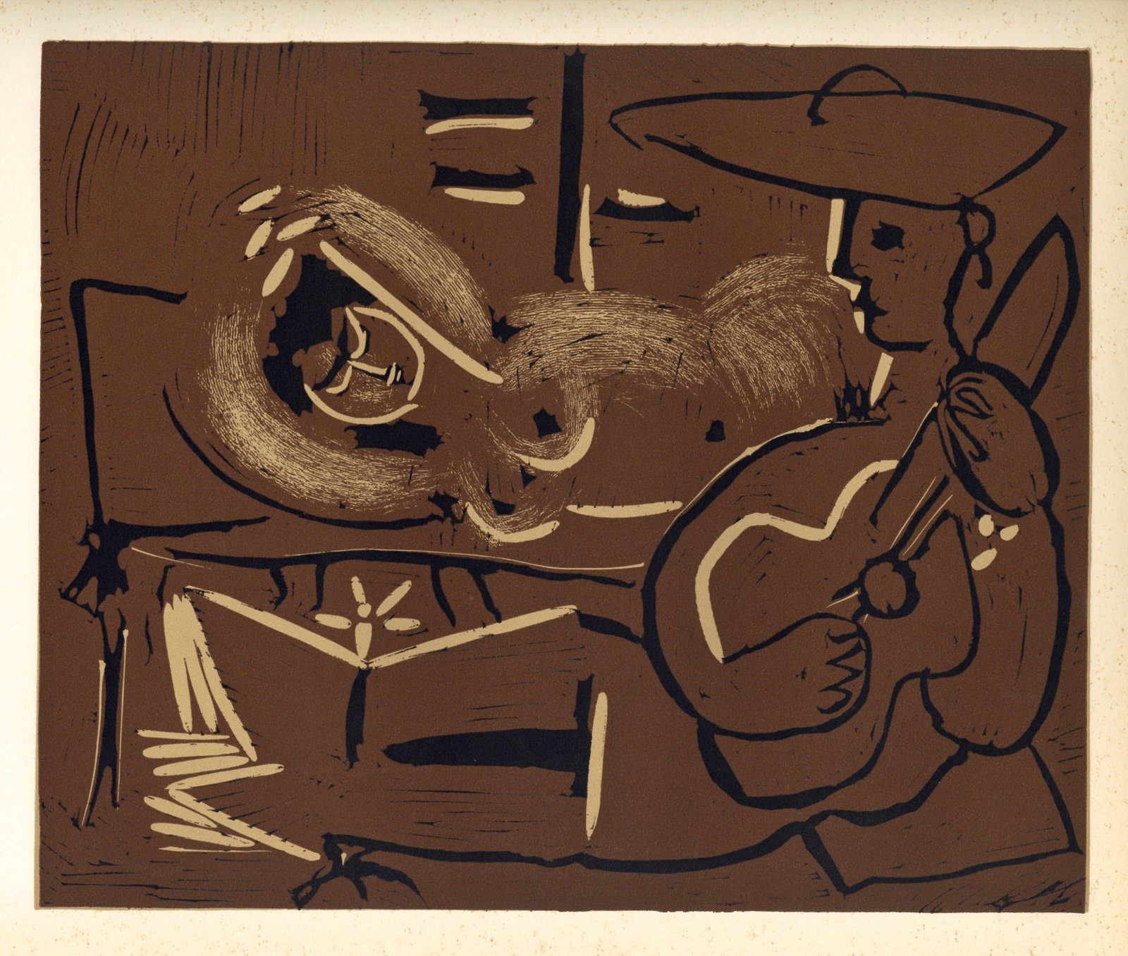 Pablo Picasso linocut "Reclining Woman and Guitar-Playing Picador": Title: Pablo Picasso linocut "Reclining Woman and Guitar-Playing Picador" Description: Medium: linocut re-creation (after the original Picasso linocut). Picasso started making linoleum cuts during