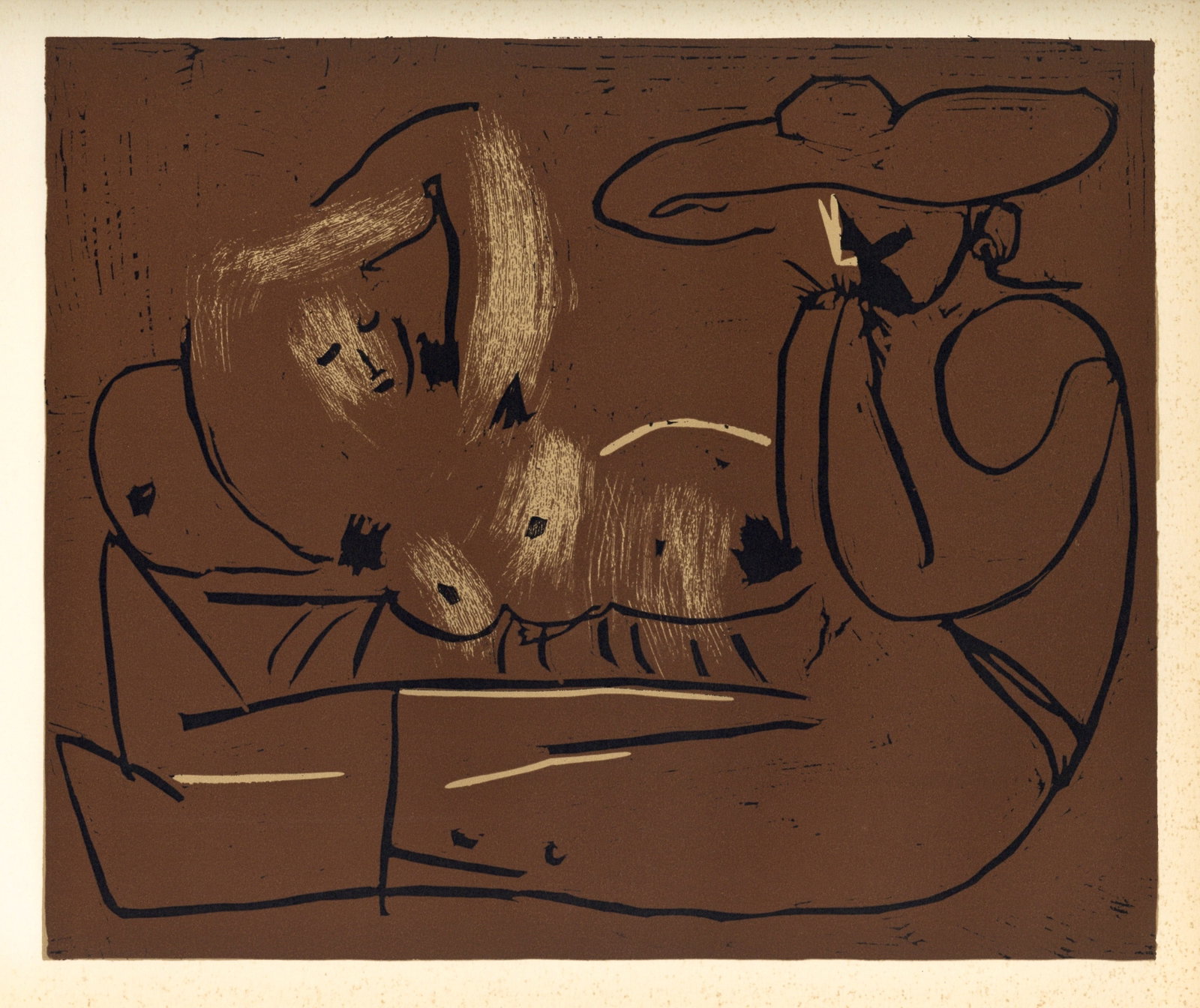 Pablo Picasso linocut "Reclining Woman and Picador Eating Grapes": Title: Pablo Picasso linocut "Reclining Woman and Picador Eating Grapes" Description: Medium: linocut re-creation (after the original Picasso linocut). Picasso started making linoleum cuts during the