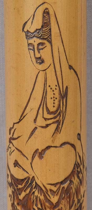 1910s bamboo Japanese pipe case Goddess KANNON signed - 3