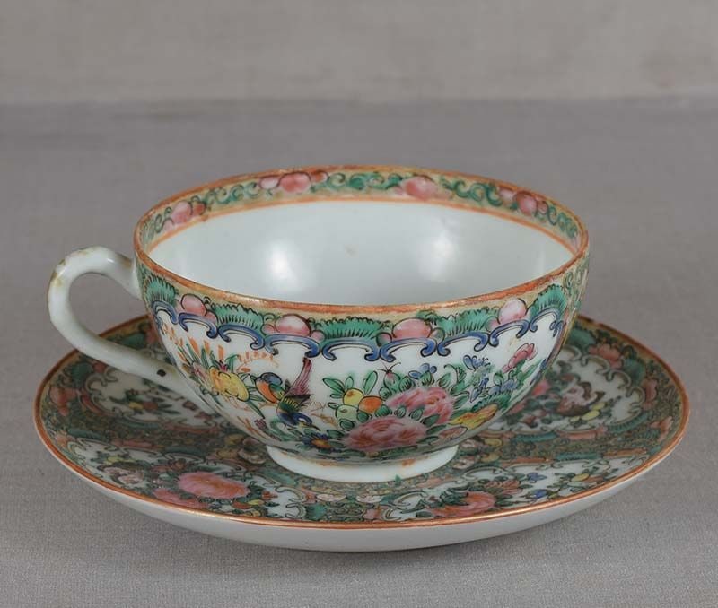 18c Chinese export porcelain ROSE MEDALLION CUP & SAUCER: Early 19th century (1830s) Chinese Rose Medallion porcelain cup and matching saucer decorated in numerous colored enamels with scenes of birds and butterflies among flowers. The cup is enameled on