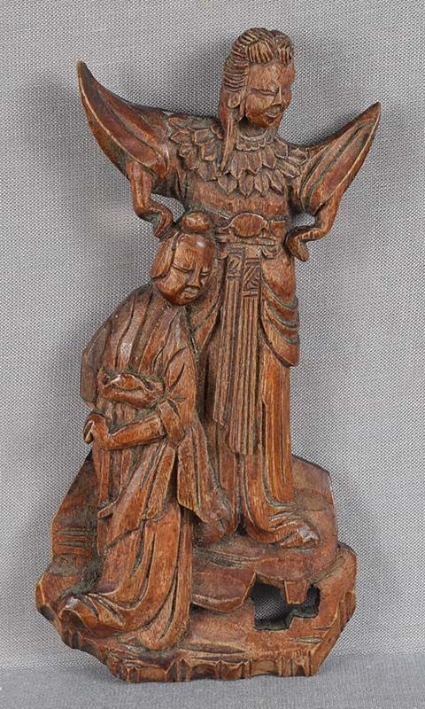 19c Chinese architectural panel COURT LADY female attendant: 19th century Chinese small carved wooden architectural panel depicting a court lady with a female attendant. Must have been part of an altar piece. Very nice quality carving, rich detailing, very
