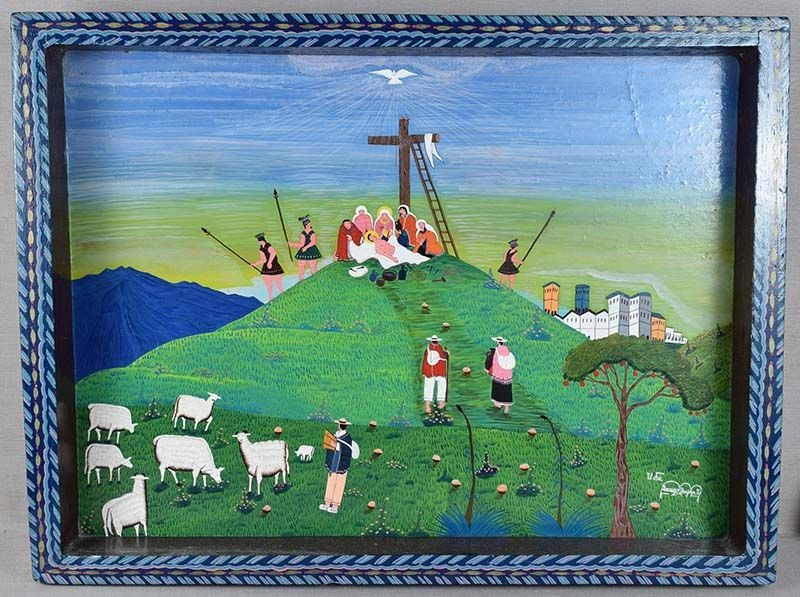 1989 painting DEATH OF JESUS by Quechua artist Francisco Ilaquichi: 1989 painting CRUCIFIХION AND DEATH OF JESUS by Quechua artist Francisco Umajimga Ilaquichi from Tigua, Ecuador. Oil or acrylic paint on sheep hide stretched on a wooden frame. Heartbreaking