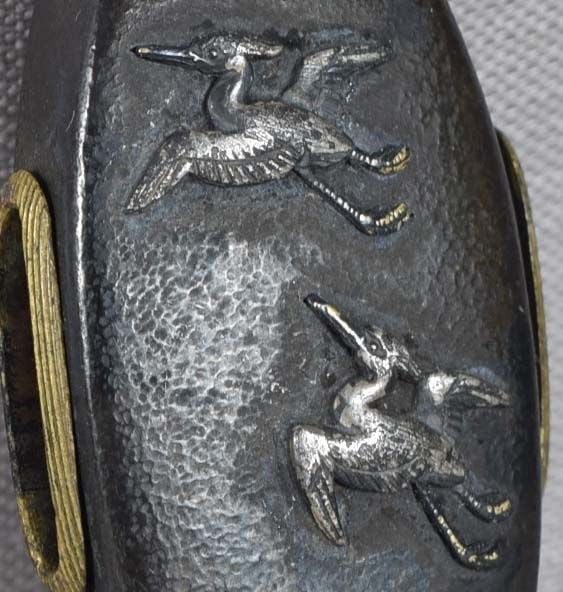 19c Japanese sword KASHIRA silver cranes - 5