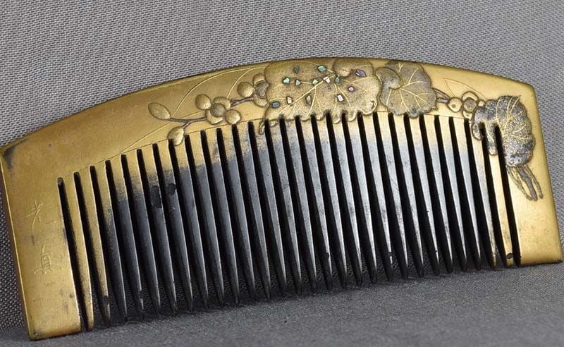 19c Japanese lacquer buffalo horn KUSHI hair comb by MITSUSADA - 4