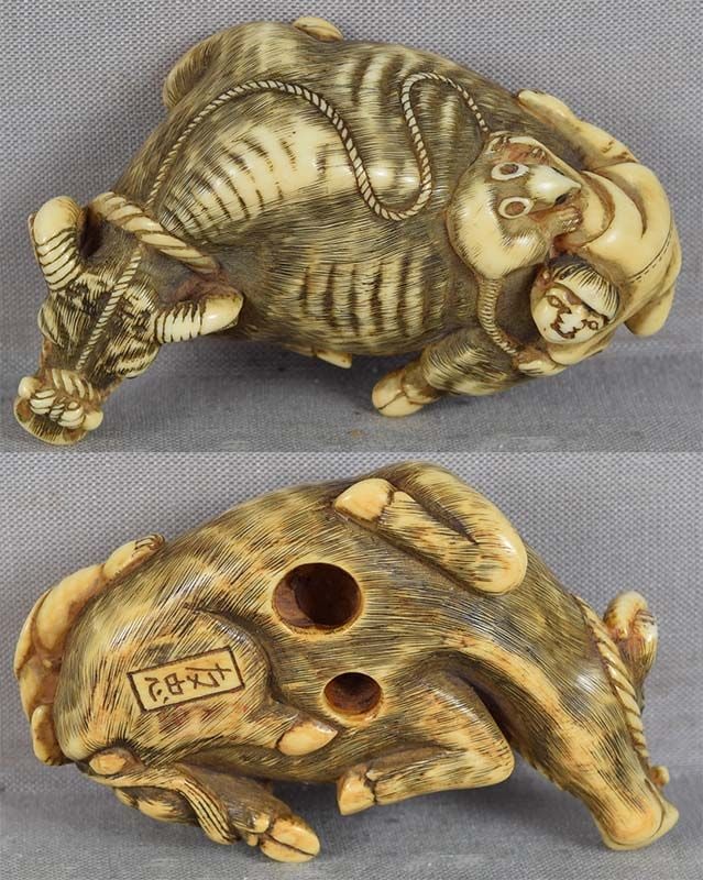 18c netsuke COW with BOY & RAT by TOMOTADA - 2