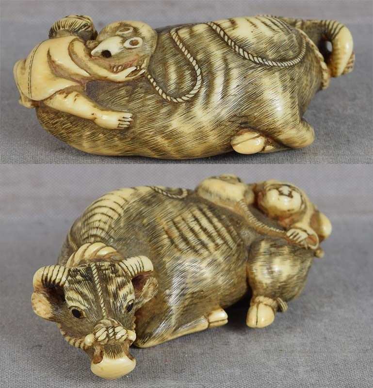18c netsuke COW with BOY & RAT by TOMOTADA - 3