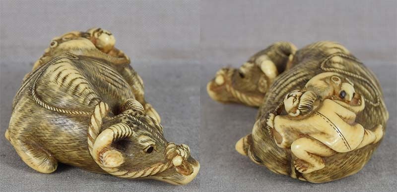 18c netsuke COW with BOY & RAT by TOMOTADA - 4