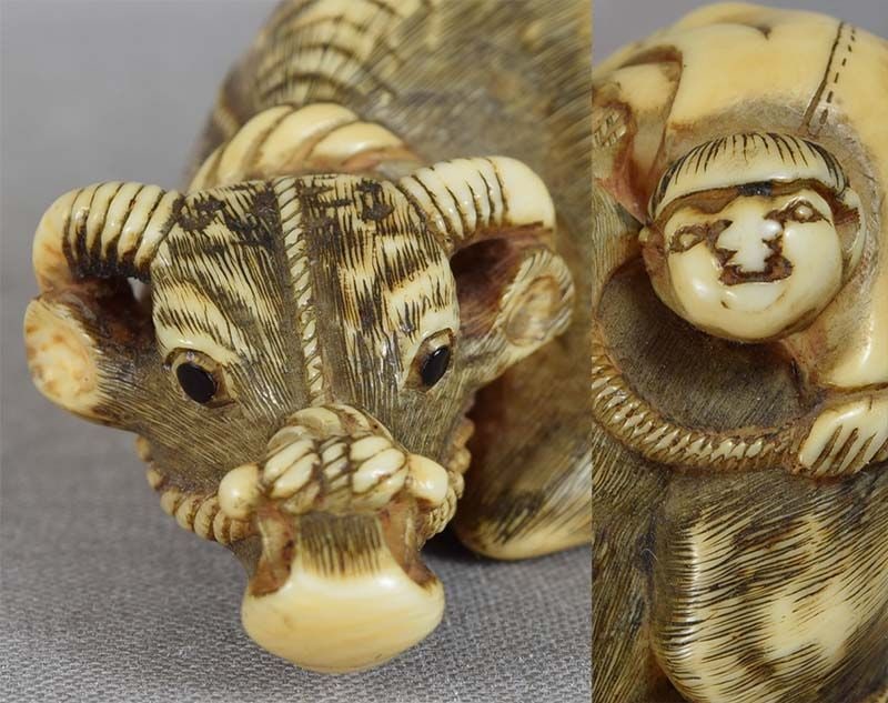 18c netsuke COW with BOY & RAT by TOMOTADA - 5