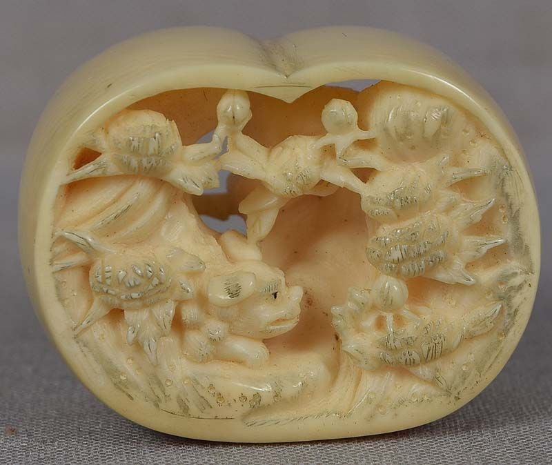 19c netsuke SHISHI FAMILY & peony by NAGAMITSU - 2