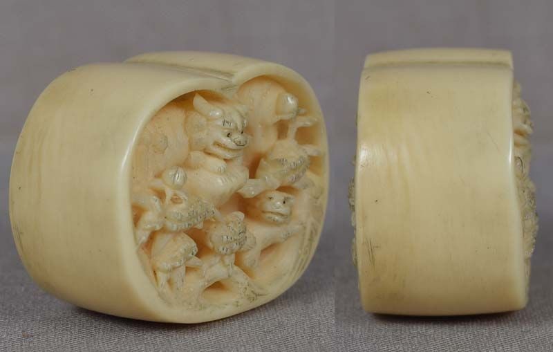 19c netsuke SHISHI FAMILY & peony by NAGAMITSU - 3