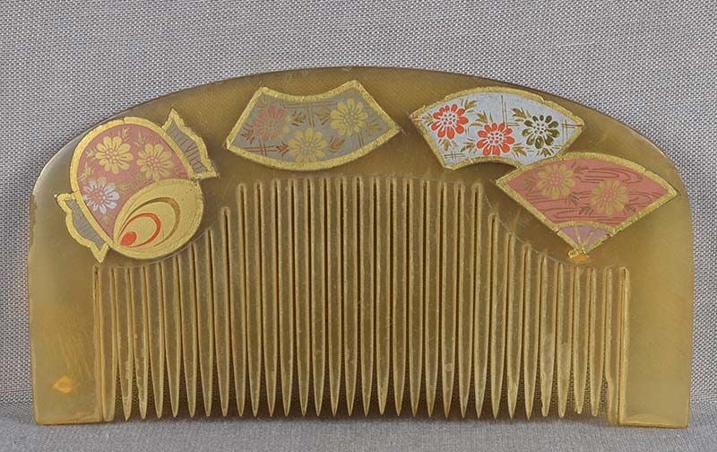 19c Japanese buffalo horn KUSHI hair comb MALLET, FANS (1 of 5)