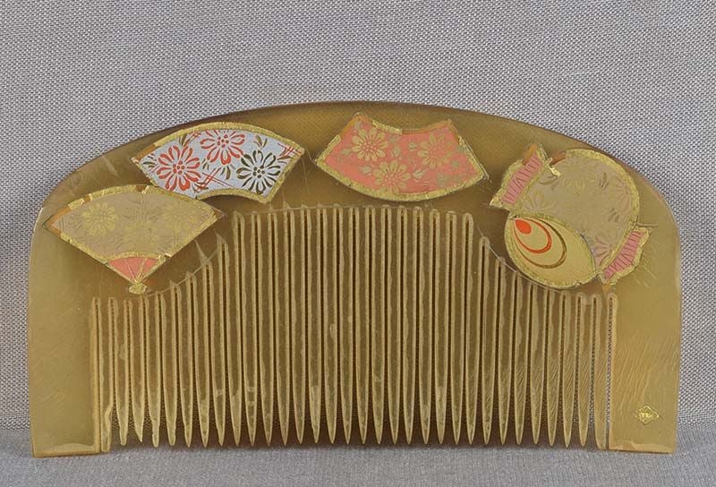 19c Japanese buffalo horn KUSHI hair comb MALLET, FANS - 2