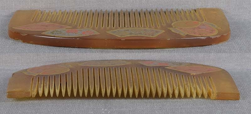 19c Japanese buffalo horn KUSHI hair comb MALLET, FANS - 3