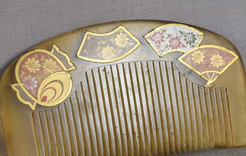 19c Japanese buffalo horn KUSHI hair comb MALLET, FANS - 4