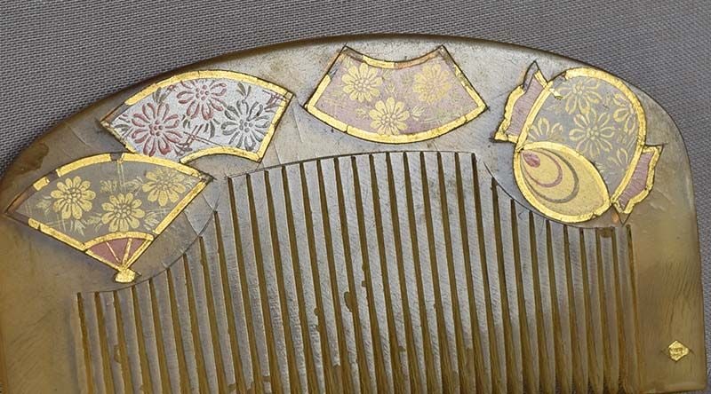 19c Japanese buffalo horn KUSHI hair comb MALLET, FANS - 5