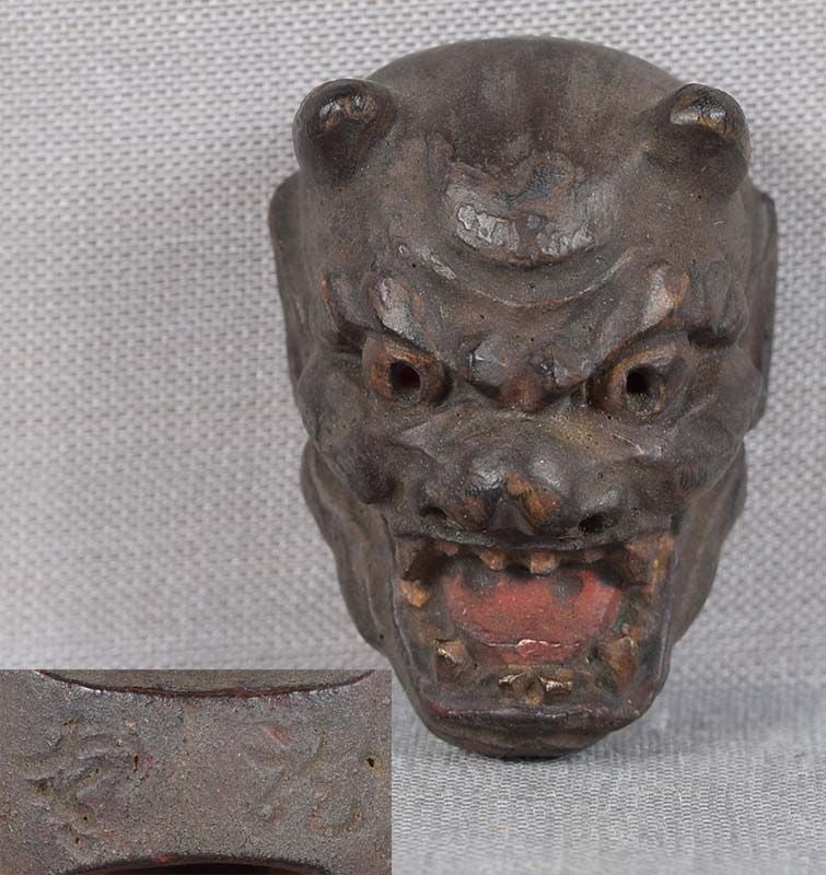 19c netsuke MASK DEMON HANNYA by RYUUN: 19th century Japanese small lacquered wood netsuke representing a theatrical mask of Demon Hannya. Excellent intense face, crisp detailing, nicely lacquered, great patina. some wear to the surface. Si
