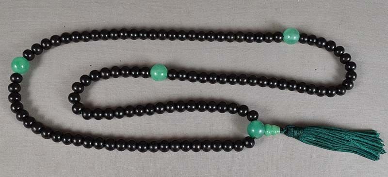 19c Chinese wood & jadeite BUDDHIST ROSARY mala: Late Qing Dynasty (1890s to 1911) Chinese / Tibetan mala - Buddhist rosary consisting of 108 wooden beads and 4 jadeite ones that serve as spacers dividing the prayer beads into groups of 27 each.