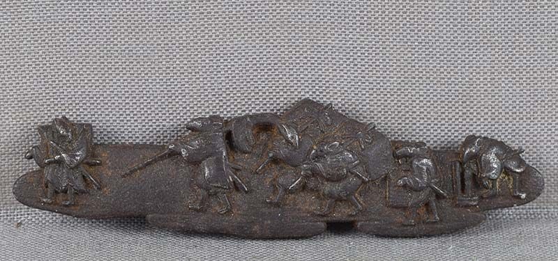 19c Japanese MAE-KANAGU pouch clasp SAMURAI RAT procession: 19th century Japanese iron mae-kanagu (tobacco pouch clasp fitting) depicting a scene of a samurai procession performed by six rats in different attitudes. Iron is notoriously difficult to work with.