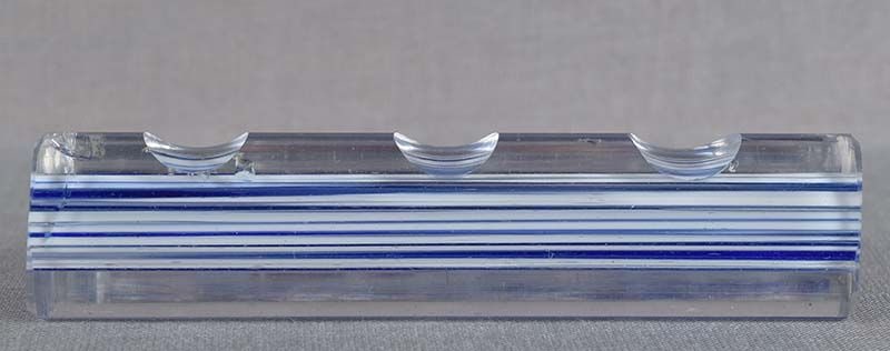 Vintage Japanese scholar GLASS BRUSH REST: Unusual vintage Japanese glass scholar’s brush rest with transparent body and beautiful white and blue stripes in the core. Very well made, in great condition except for a few small chipped