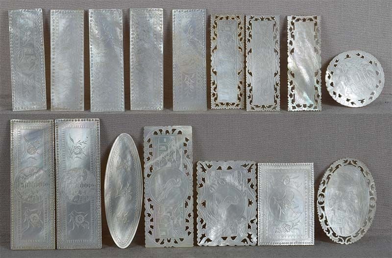 16 mother of pearl 19c Chinese export LOO CHIPS / COUNTERS: 16 various 19th century mother of pearl game counters also called loo chips. Different shapes, some pierced, all are hand carved on both sides, some with some with bird, some with flower designs,