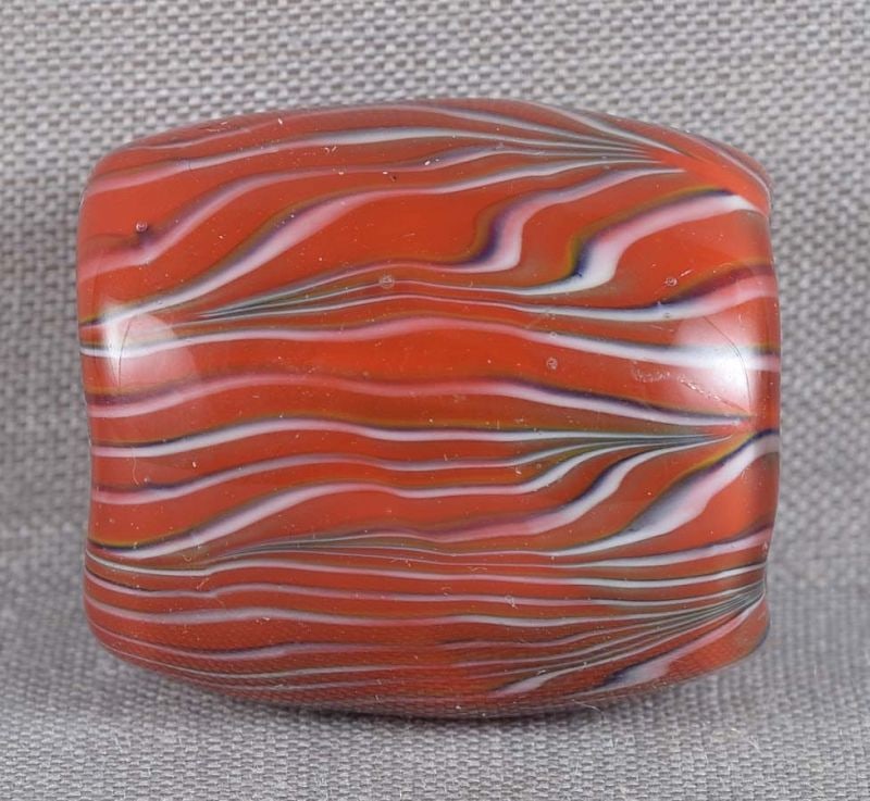 Vintage glass OBIDOME netsuke KELP STRANDS: Vintage Japanese glass obidome (sash ornament) with complex interwoven red, black and white streaks resembling kelp strands.. Obidome is worn on an obi cord that holds the obi sash together, it is