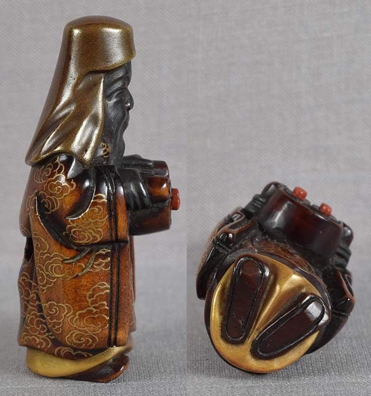 19c lacquer netsuke JUROJIN with scrolls - 5