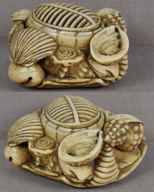 Early 19c netsuke KENDO HELMET breastplate, seashells - 2