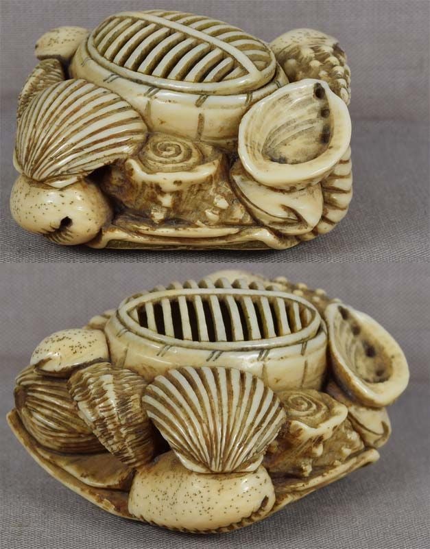 Early 19c netsuke KENDO HELMET breastplate, seashells - 3