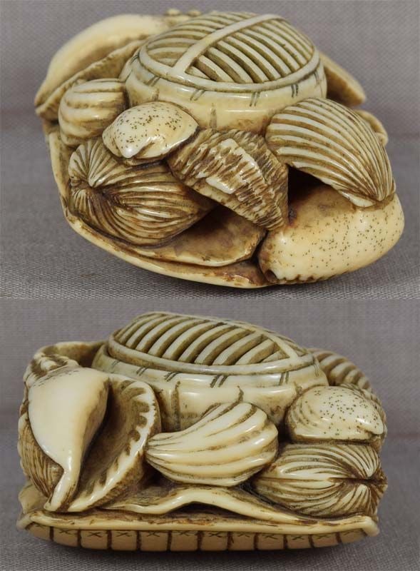 Early 19c netsuke KENDO HELMET breastplate, seashells - 4