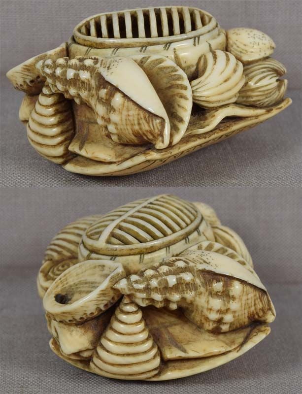 Early 19c netsuke KENDO HELMET breastplate, seashells - 5